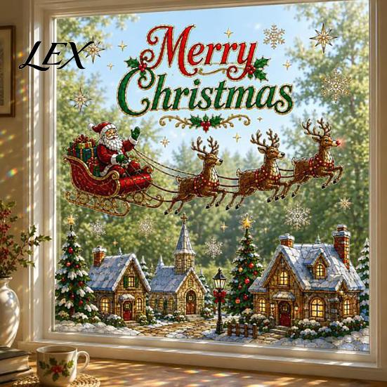 Shopping Mall Christmas Stickers 2Pcs Wall Stickers, Snowy Cottage Tree Self Adhesive Decals, Waterproof PVC Window Clings Snow Scene Holiday