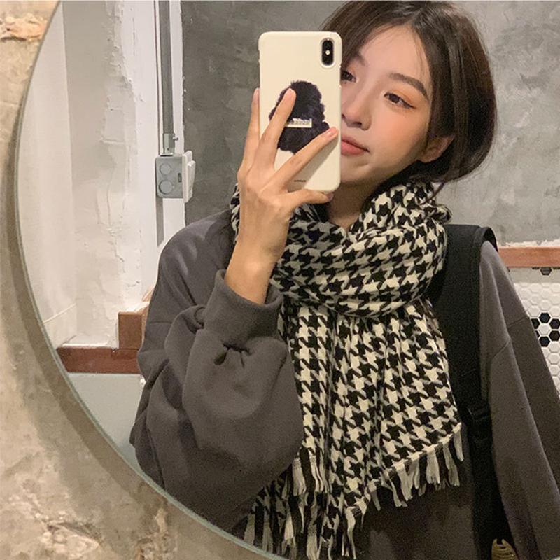 Winter Warm Couples Knitted Plaid Scarf Korean Version of The Tassel Collision Color Thousand Bird Plaid Scarf Female
