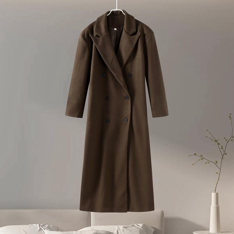 Brown Lapel Woolen Coat Synthetic Fabric Women's Double Breasted Long Sleeve Warm Coat Straight Tube Version Autumn and Winter
