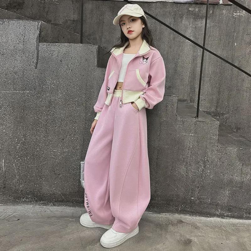 Korean Style Girls' Cartoon Sports Suit - Spring/Autumn Two-Piece Set with Cardigan Jacket & Trousers for Kids