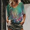 2023 Summer 5XL Women's T-Shirt Vintage Casual Black Fashion V Neck Pullover Short Sleeve Printed Loose Daily Tops Design Clothe