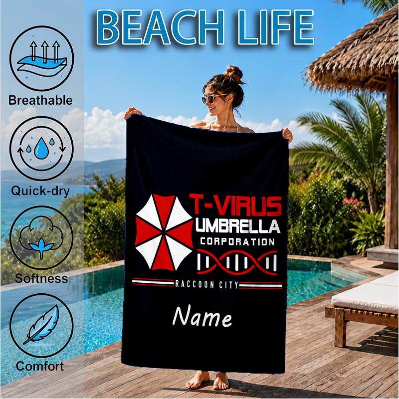 Custom Name Resident Umbrella Corporation Beach Towel Microfiber Beach Towel, Lightweight and Quick-Dry, for Summer Travel, Swimming Pool Gift