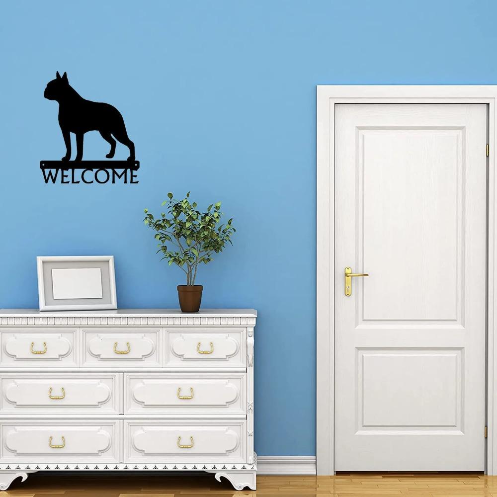 Dog Welcome Sign Boston Terrier - 12" X 13.6" Metal Wall Art for Pet Lovers, and Charming Home Entrance Decoration