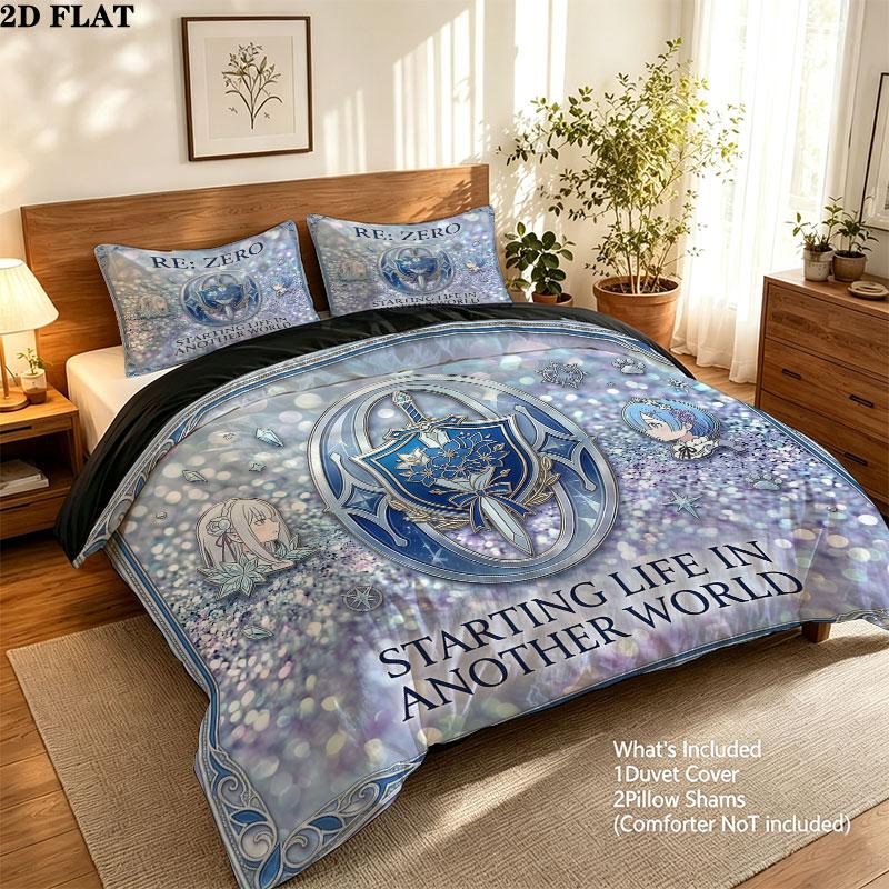 Re Zero Pattern Bedding Quilt Set Quilt Cover Pillowcase Home Birthday Gift(1 * duvet cover + 2 * pillowcase, without core)