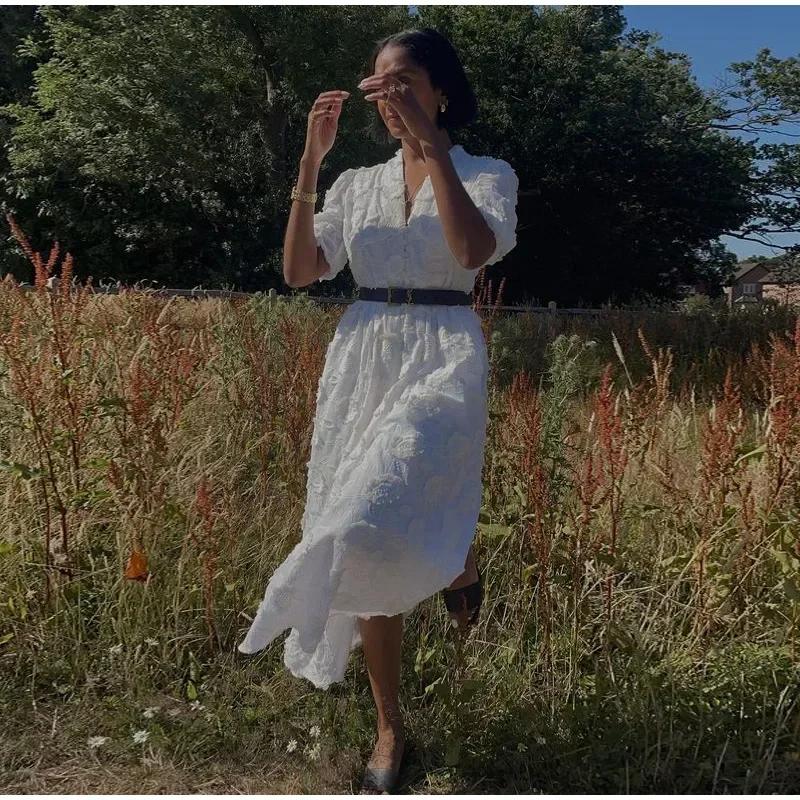 Белое печатное однобортное платье с разрезом для женщин, модные платья с V-образным вырезом и коротким рукавом, летние женские платья для отдыха на пляже