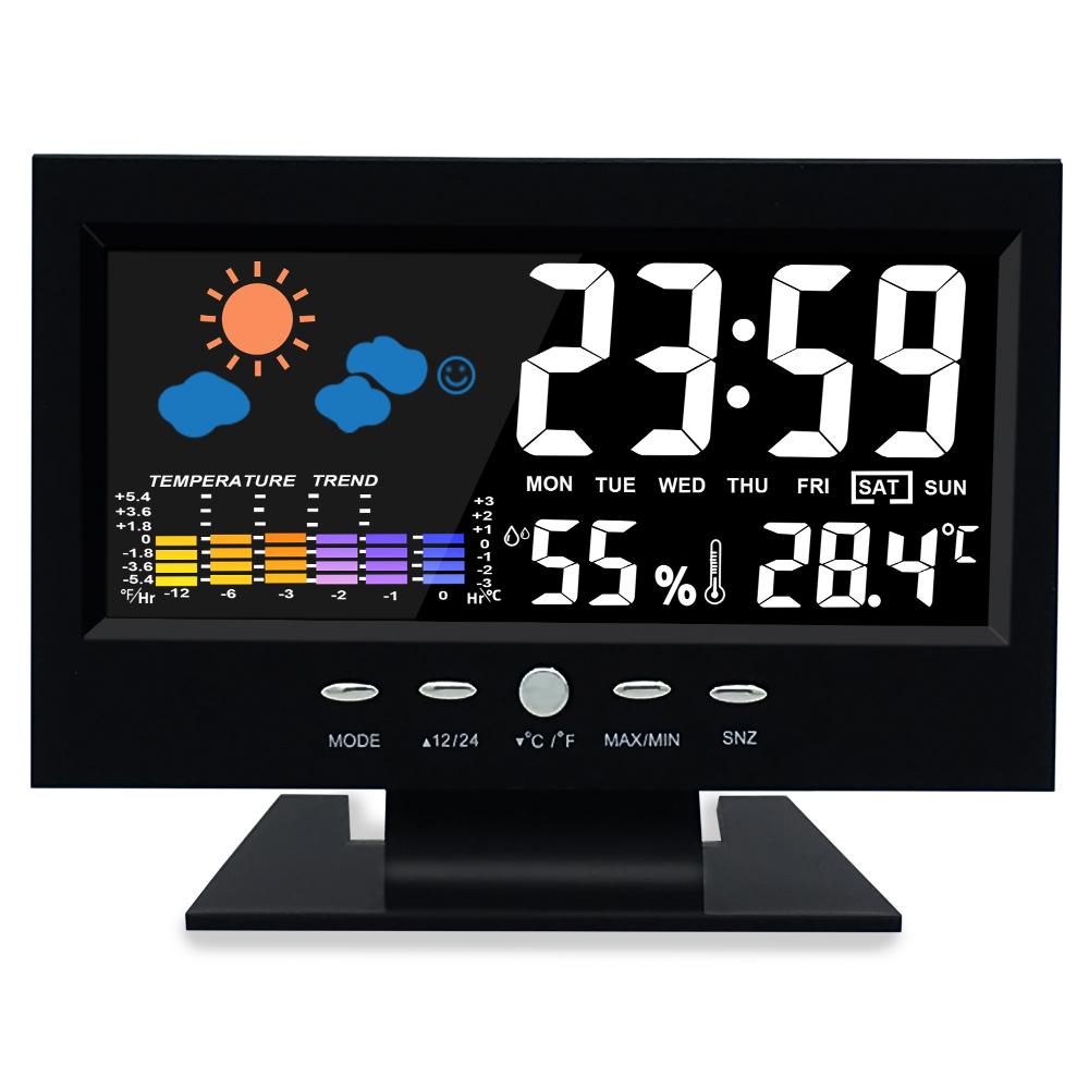 Voice Control Backlight Digital Weather Clock Date Week Temperature Humidity Weather Forecast Countdown 12/24H Electronic Clock