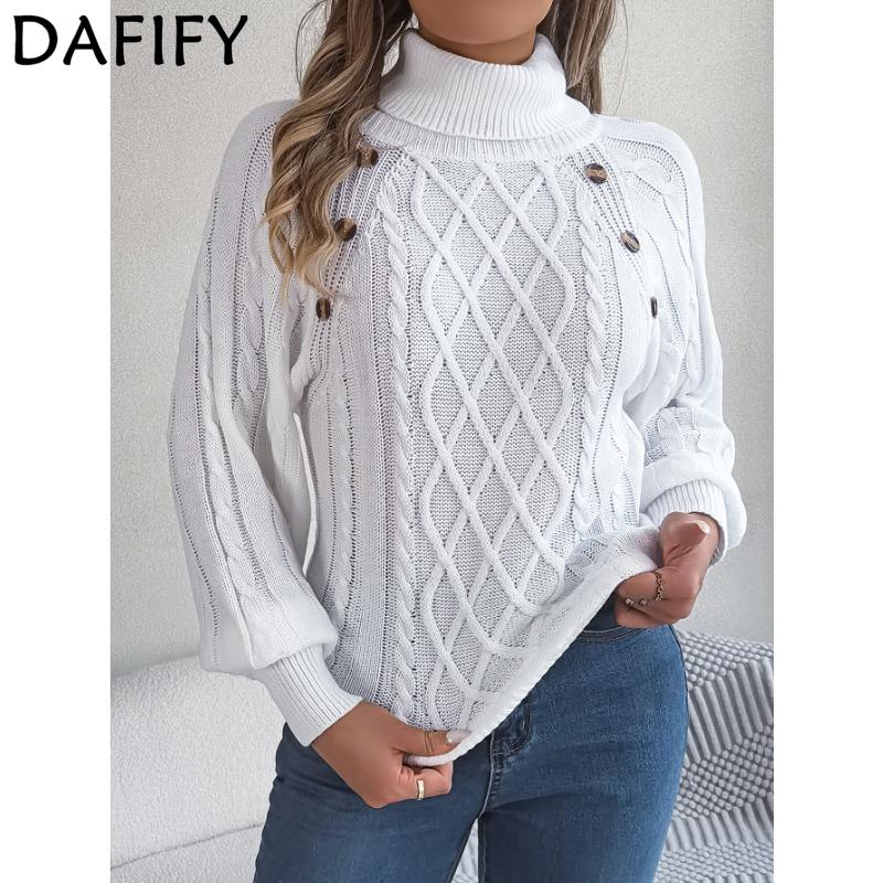 DAFIFY Women's Fashion Casual Fall Winter Solid Color Print Long Sleeve High Neck Sweaters