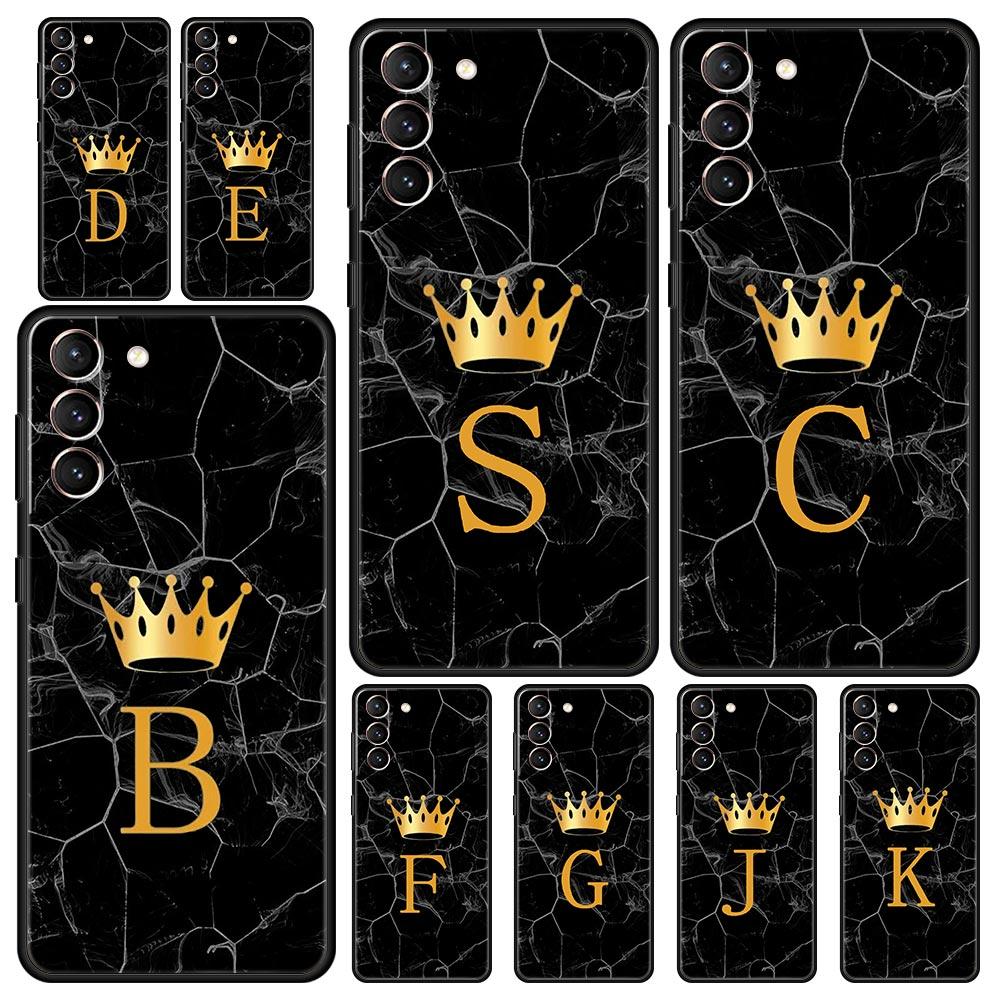 Crown Letter A To Z Phone Case For Samsung Galaxy S24 S23 Ultra S22 S21 S20 FE 5G S10 S10E S9 Plus S8 Soft Silicone Black Cover