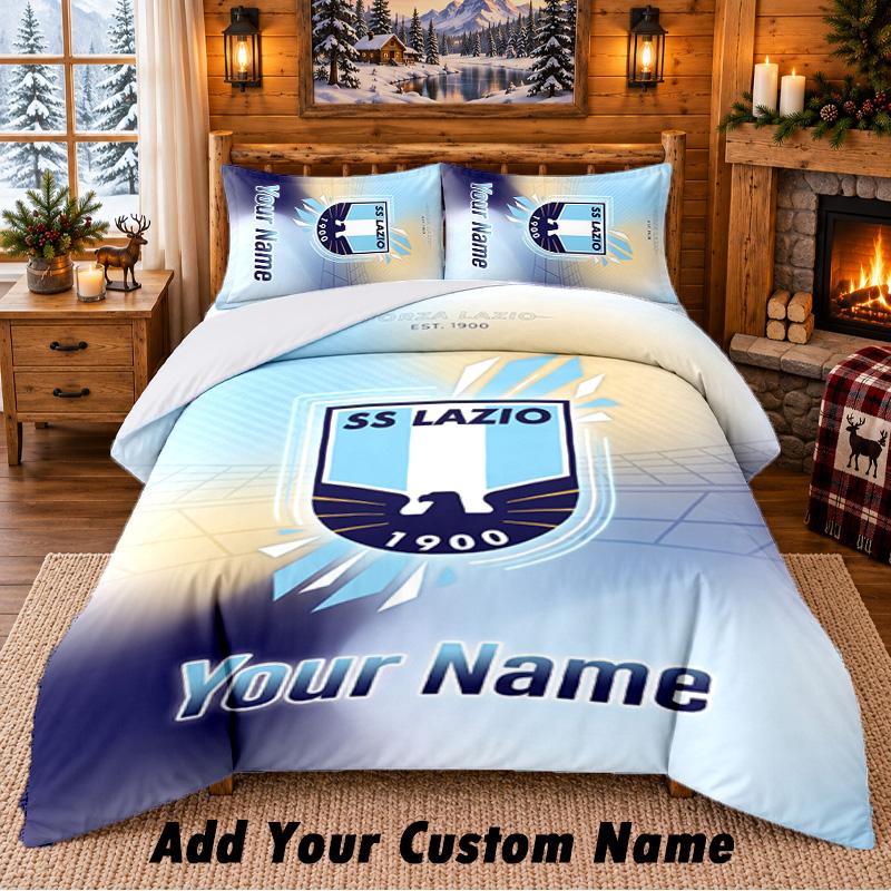 Lazio FC Pattern Bedding 3Pcs Set Custom Name, Bed Sheet And Pillowcases For Home Bedroom