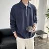 Men Fall Spring Top Half Zipper Turn-down Collar Corduroy Loose Vertical Striped Solid Color Long Sleeves Pullover Office Shirt for Commuting School