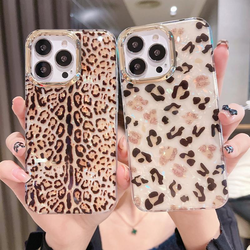 Роскошный чехол для телефона с радужной ракушкой и блестками для iPhone 11 12 13 14 15 Pro Max XS X XR 7 8 Plus SE Противоударный чехол с леопардовым принтом