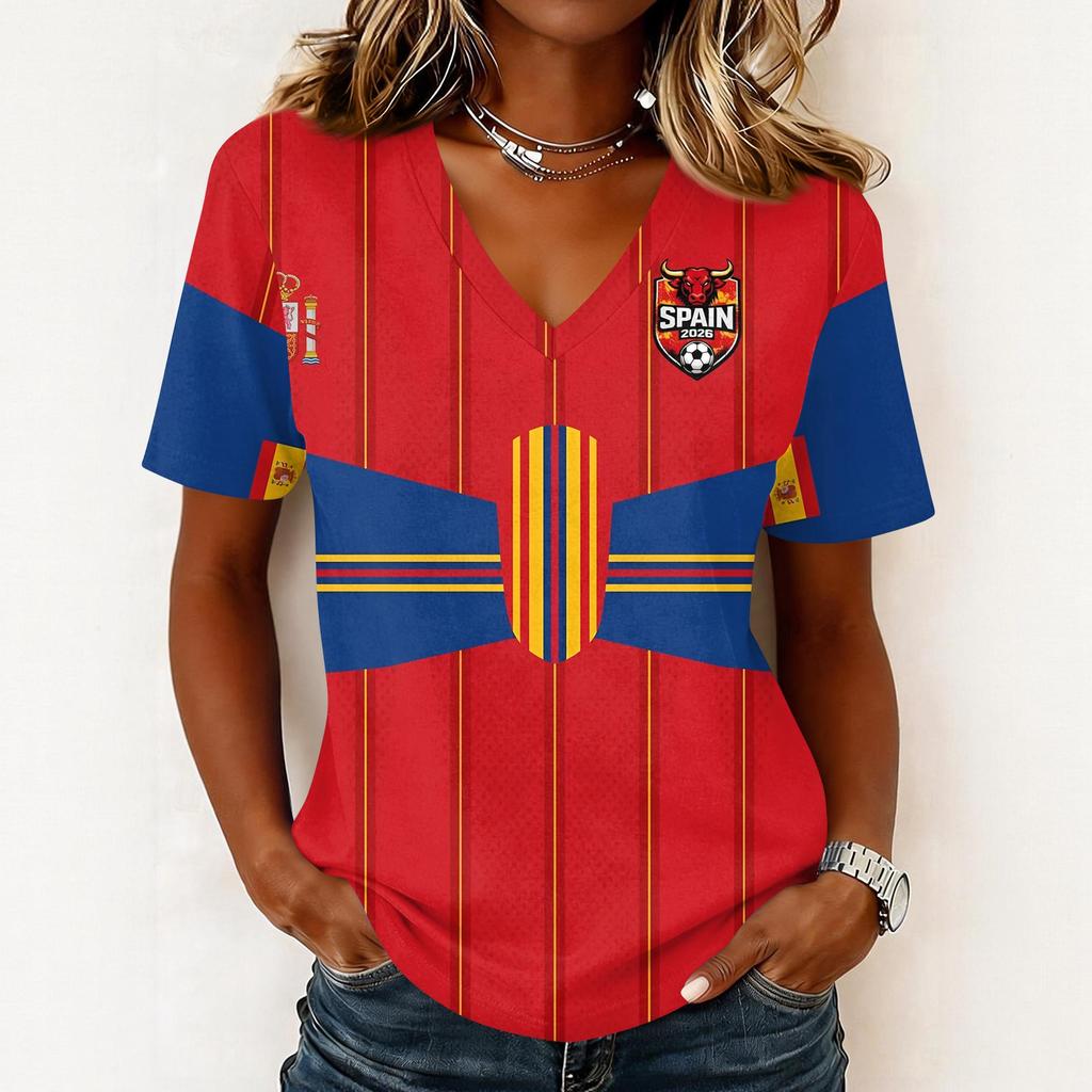 Women's Short Sleeve V-Neck T-Shirt with Soccer Flag Print for Casual Day Wear