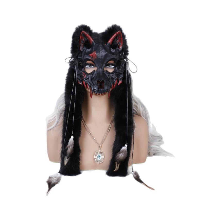 Wolf Mask With Fur Feathers Halloween Costume Party