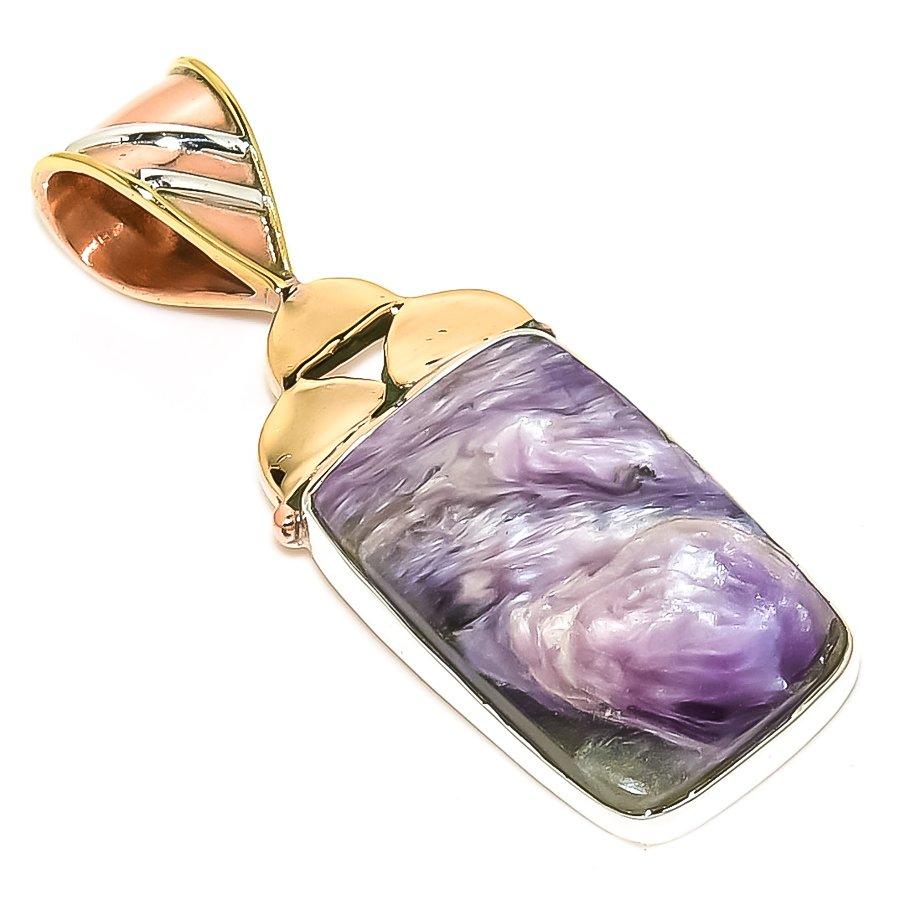 Natural Russian Charoite Two Tone 925 Solid Sterling Silver Pendant 1.75'' I3b21