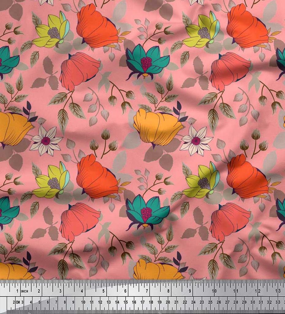 Soimoi Japan Crepe Satin Fabric Leaves & Floral Artistic Fabric Prints By Metre 42 Inch
