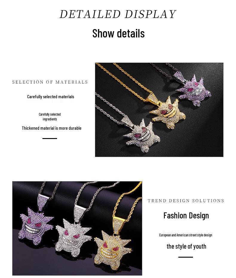 European & American Cartoon Anime Gengar Pendant Little Monster Rhinestone Hip Hop Necklace
