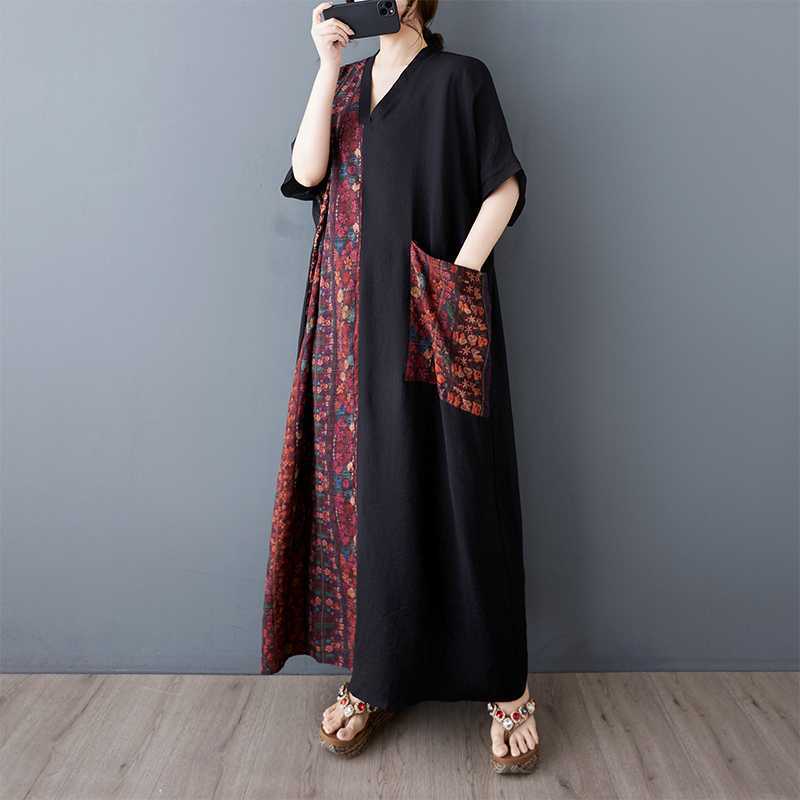 Летнее женское хлопково-льняное платье с V-образным вырезом и короткими рукавами