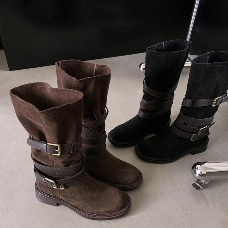 Женские ковбойские сапоги из коровьей кожи, коричневые, с пряжкой на ремне, сапоги-чулки, средние рыцарские сапоги, новые ретро сапоги с ремешками, женские