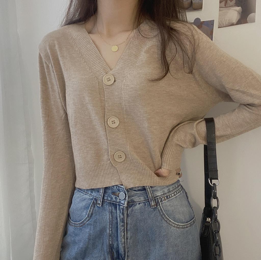 Женский вязаный кардиган с v-образным вырезом, женский повседневный универсальный короткий топ в корейском стиле, свитер