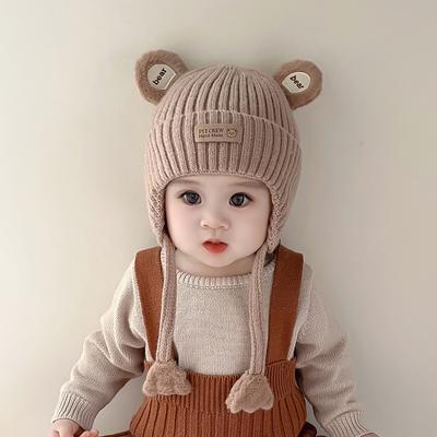 Зимняя шапка для защиты ушей Теплая Толстая Вязаная Милый Медведь Детская Защита от холода Хлопковая подкладка На шнуровке Младенец Малыш Шапка-бини