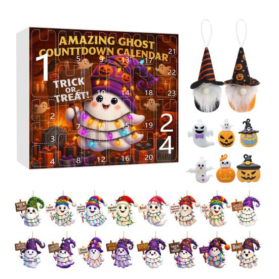 Хэллоуин Адвент-календарь 2025 24-дневный календарь обратного отсчета с акриловыми украшениями в виде призрака/гнома/тыквы для помещения