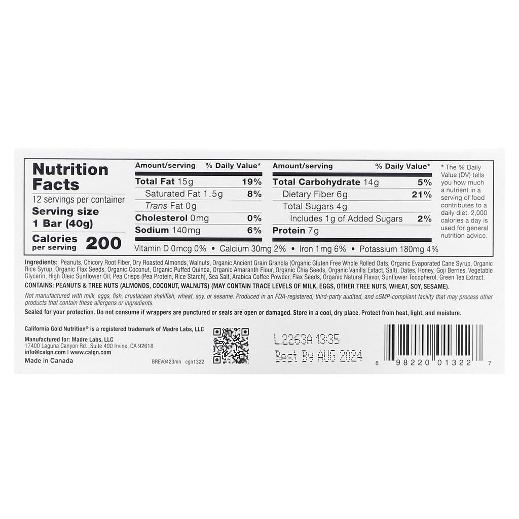 California Gold Nutrition Еда, батончики мюсли с орехами мокко, 12 батончиков, 1,4 унции (40 г) Каждый