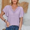 Women's Spring Summer Lace V-neck Ruffle Sleeves Solid Color Loose T-shirt