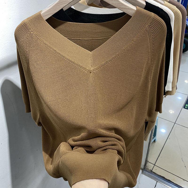 Лето 2024 Новая мода короткий рукав вязаный женский свитер V-образный вырез белый черный вязаный свитер пуловеры женские топы JJ40