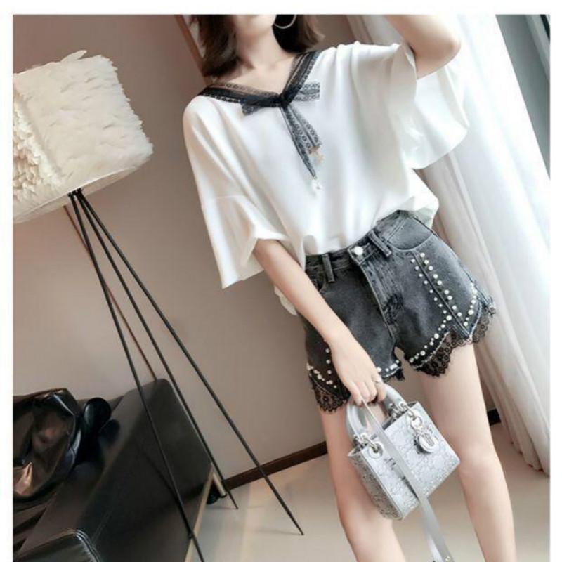 WTEMPO Джинсовые шорты, женские летние шорты с высокой талией, тонкие брюки с тонкими отверстиями, широкие брюки с кружевом из бисера