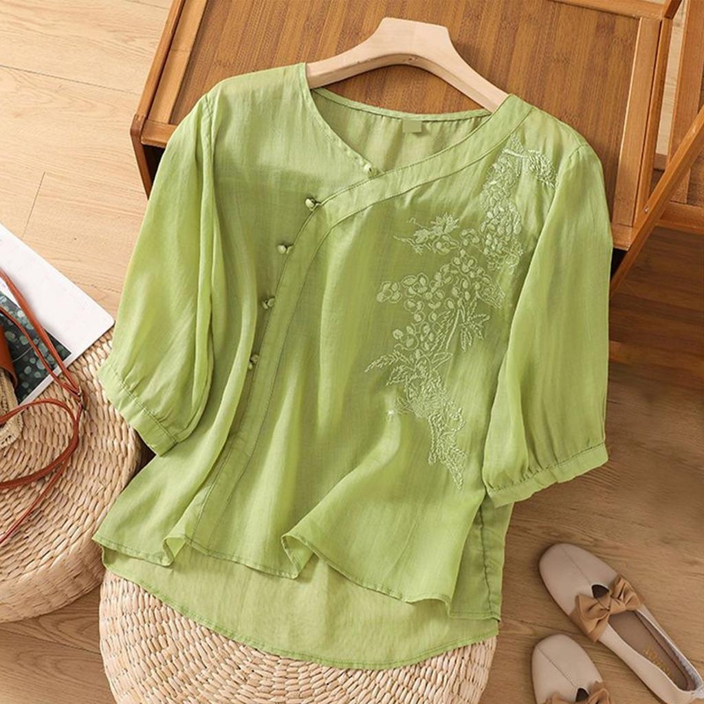 Women's Solid Color Cotton And Linen Short-sleeved Embroidered Retro Breathable T-shirt Round Neck Top