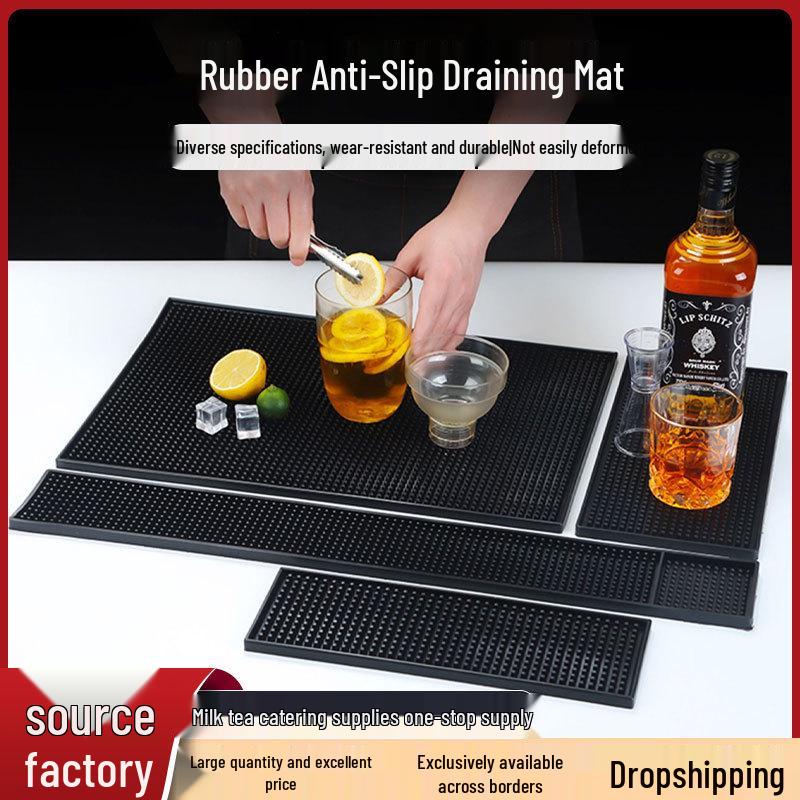 Black Rectangular Rubber Bar Mat - Non-slip, Water-resistant Coaster