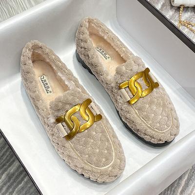 Мода 2025 Бренд Металлическая Цепь Овечья Шерсть Мокасины Женские Флис Кроссовки Зимняя Обувь Женские Теплые Шерстяные Лоферы Большой Размер Меховые Балетки Женские