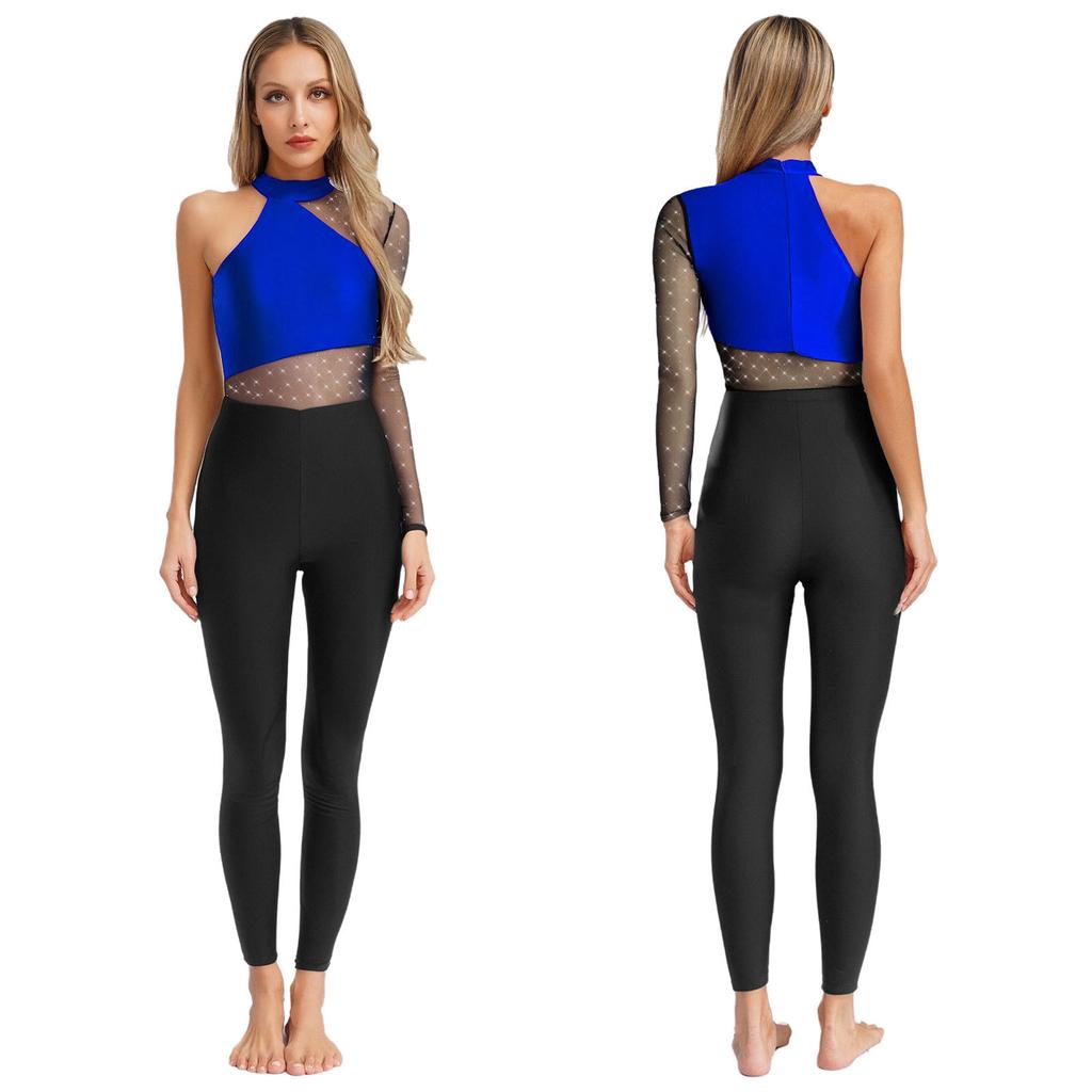 One Shoulder Dance & Stage Bodysuit for Women S-XXL: Sparkling Rhinestone & Sheer Mesh Long Sleeve Gymnastics Costume