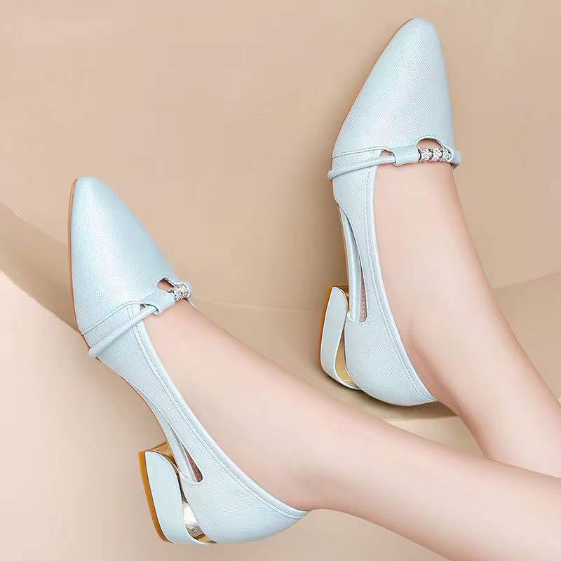 Shallow-mouthed Shoes Women's Low-heeled Spring and Autumn Shoes Joker White Thick Heel Work Shoes Anti-slip