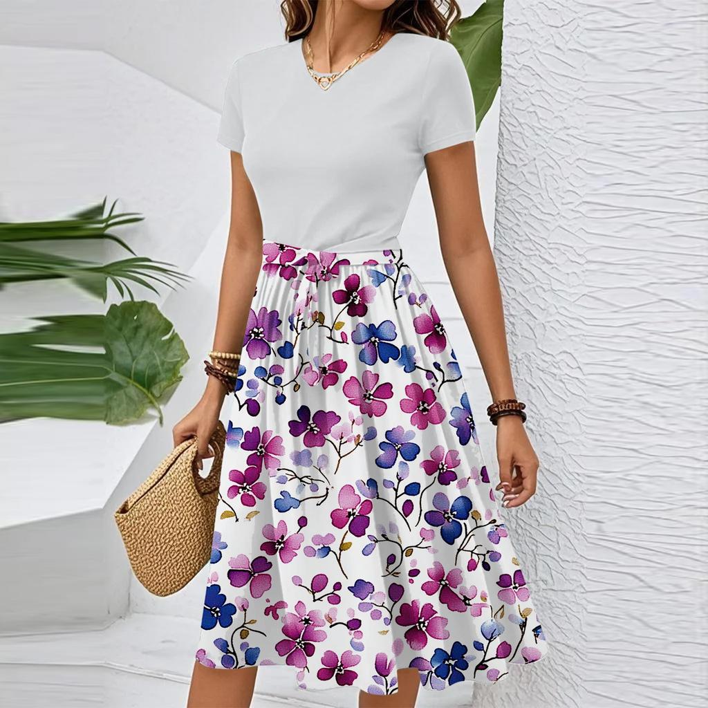 Women's Casual Fashion Belted Floral Print Short Sleeve Round Neck Elegant Dress