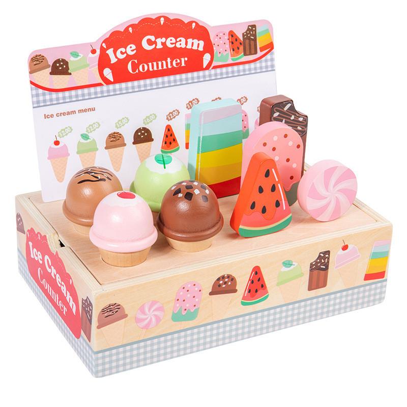 Wooden Ice Simulation Cream Vending Cabinet Model Children Toy Set For Gift