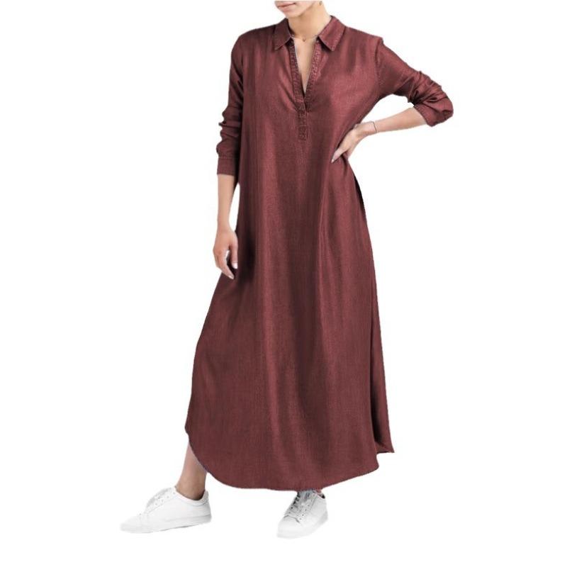 Платье макси из однотонного денима больших размеров: Платье А-силуэта с V-образным вырезом и длинными рукавами для женщин, повседневный, удобный, повседневный, шикарный наряд