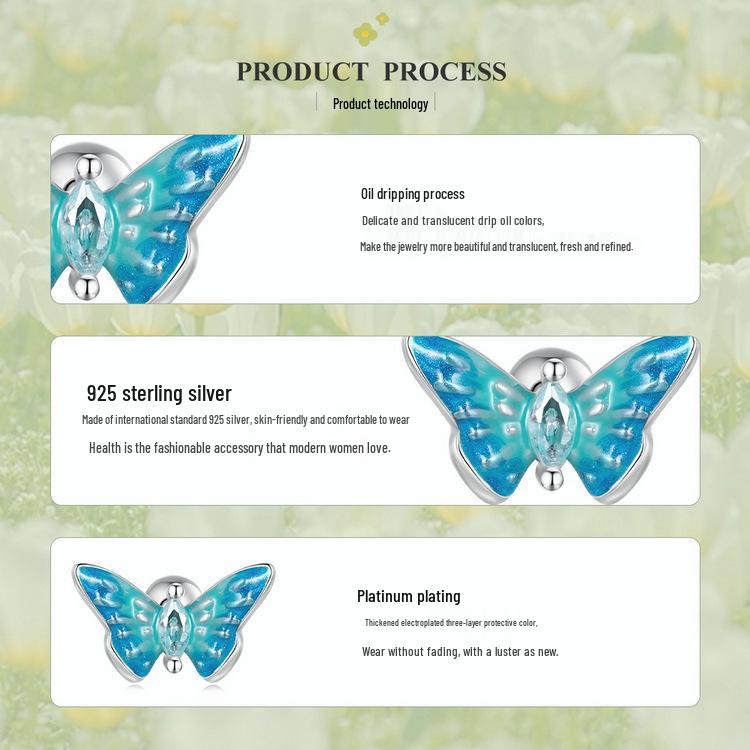 Bright Oil Drop Butterfly Earrings for Women - S925 Silver Threaded Ear Jewelry