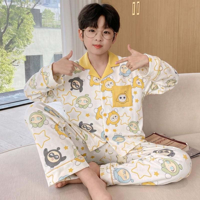 Boys Long Sleeve Cotton Pajamas Set Cartoon Print Soft Sleepwear Kids Teens Home Wear Fall