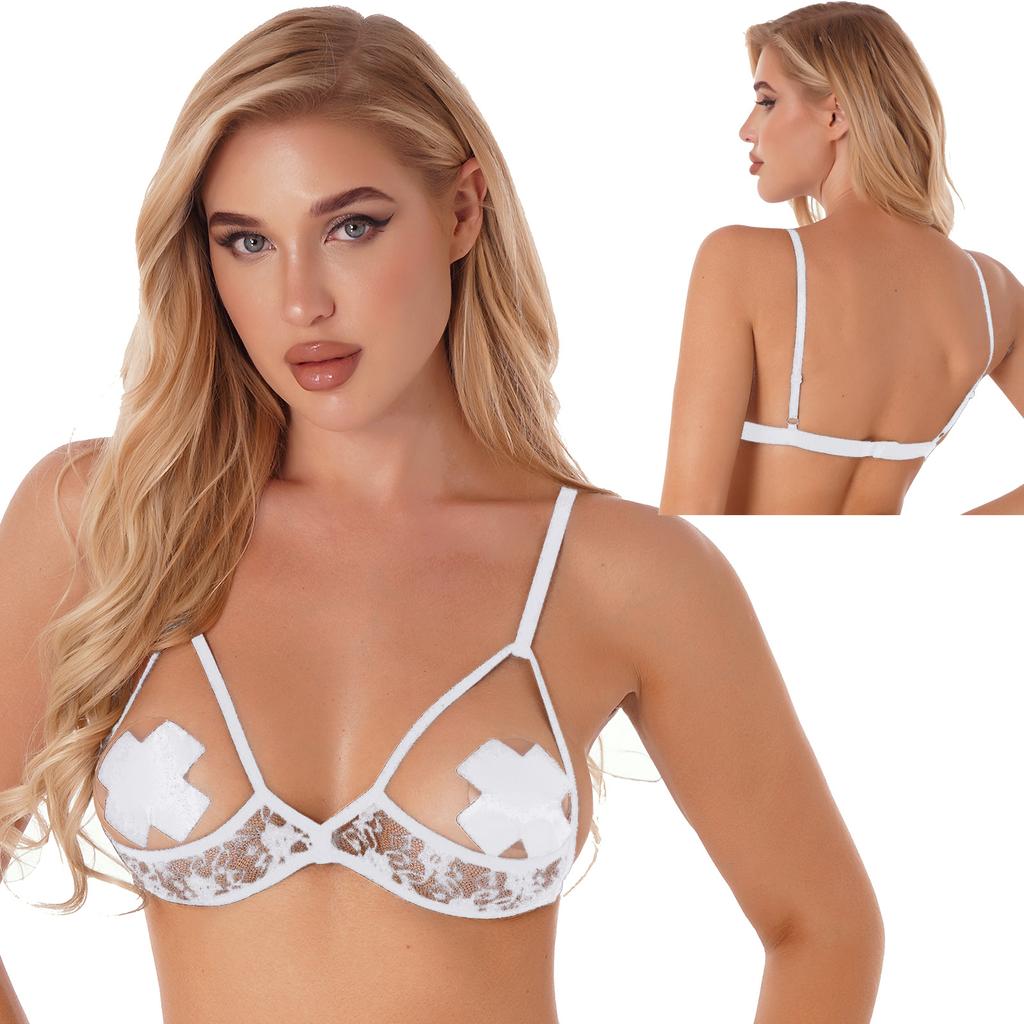 Womens Sexy Open Cups Bra Lingerie Sheer Lace Soft Wireless Brassiere Exposed Nipples Bralette Chest Brace Underwear Nightwear
