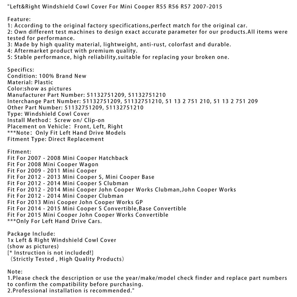 Левая и правая накладки на жабо лобового стекла для Mini Cooper R55 R56 R57 2007-2015