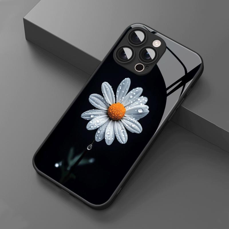 Water droplet daisy pattern glass phone case suitable for iPhone 17 16 15 14 13 12 11 Pro/Max/Plus anti drop and shockproof