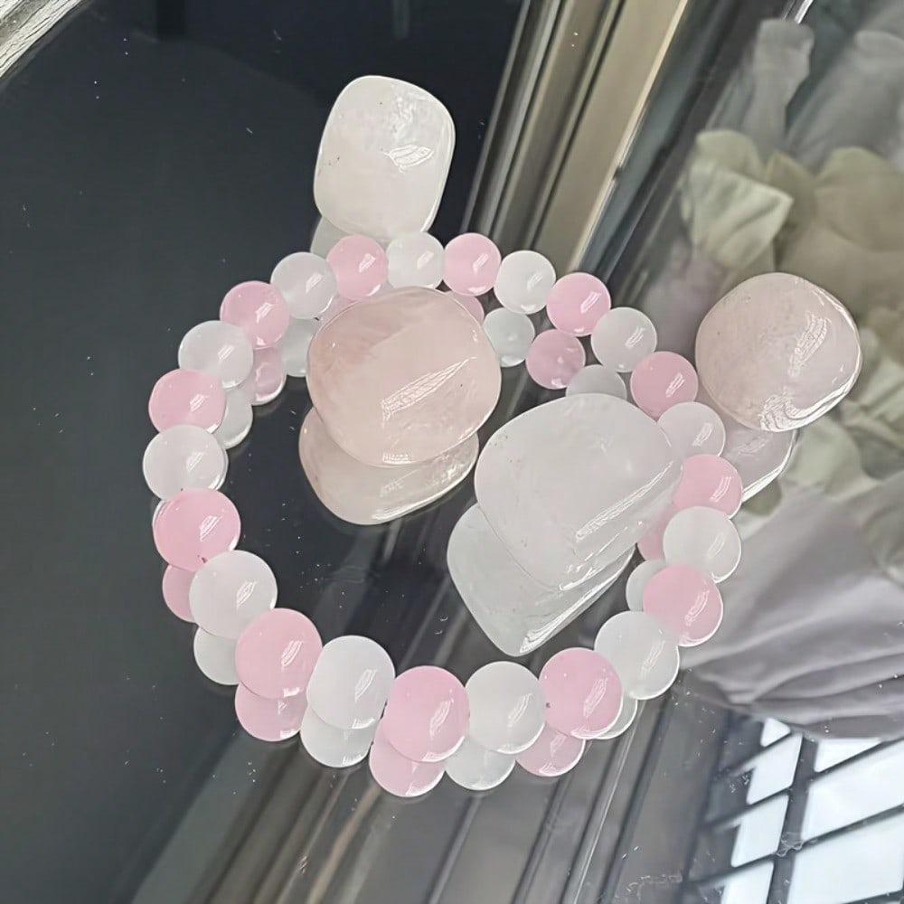 Handmade Bohemian Rose Bead Bracelet for Women & Men - Pink Round Beads Suitable for Love, Good Luck Talisman, Positive Gift for