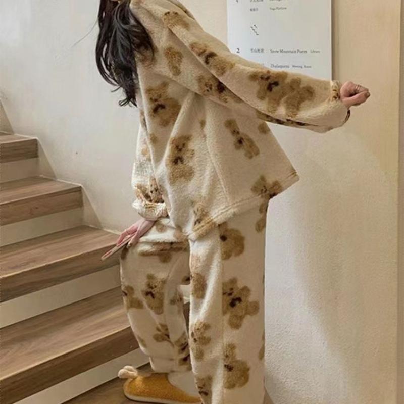 Фланелевые пижамы с медведем, женские корейские милые бархатные пижамы для девочек, бархатные зимние теплые брючные костюмы с длинными рукавами для домашнего обслуживания