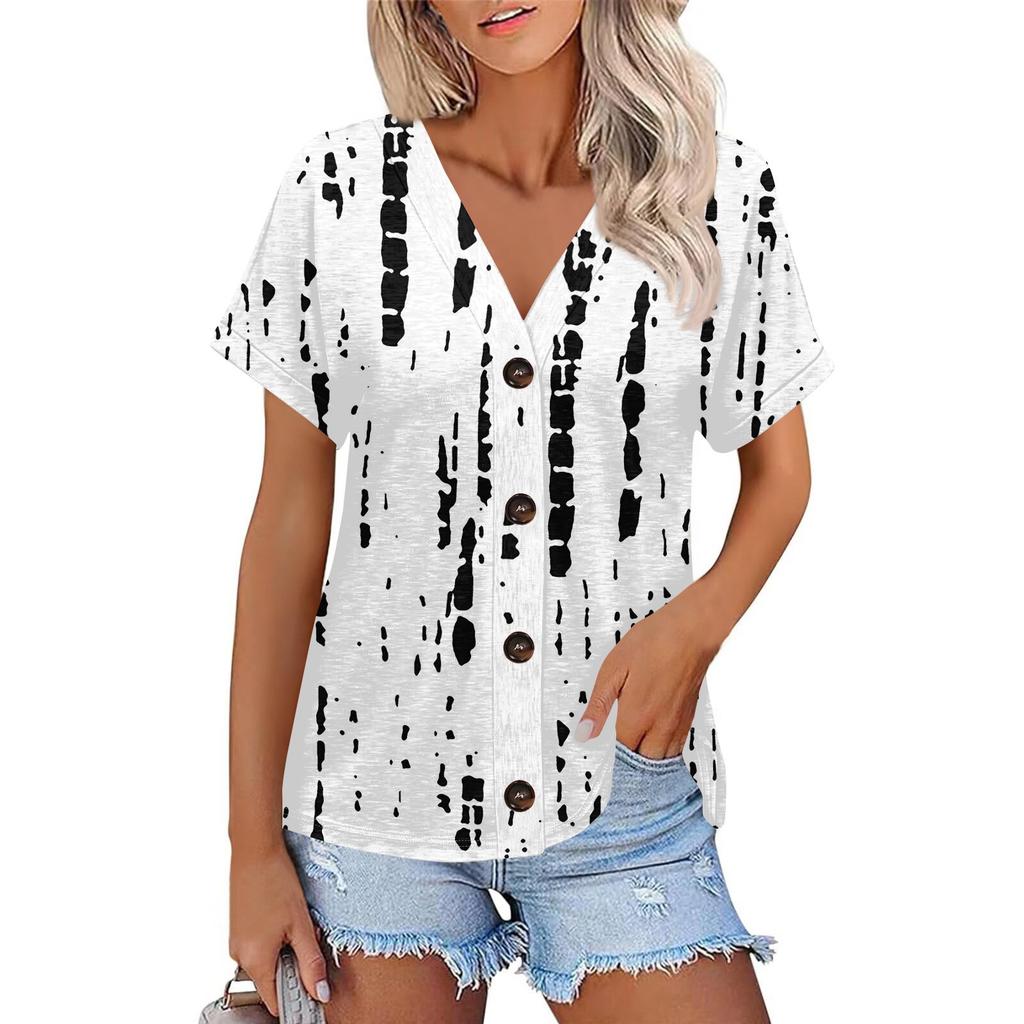 Женская модная футболка с короткими рукавами и V-образным вырезом, цветным принтом в стиле пэчворк, на пуговицах