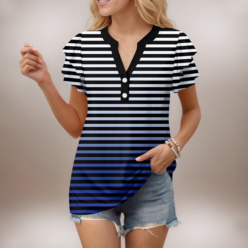 Женский повседневный топ с короткими рукавами, застегивающийся на пуговицы и V-образным вырезом, с градиентными оборками и принтами