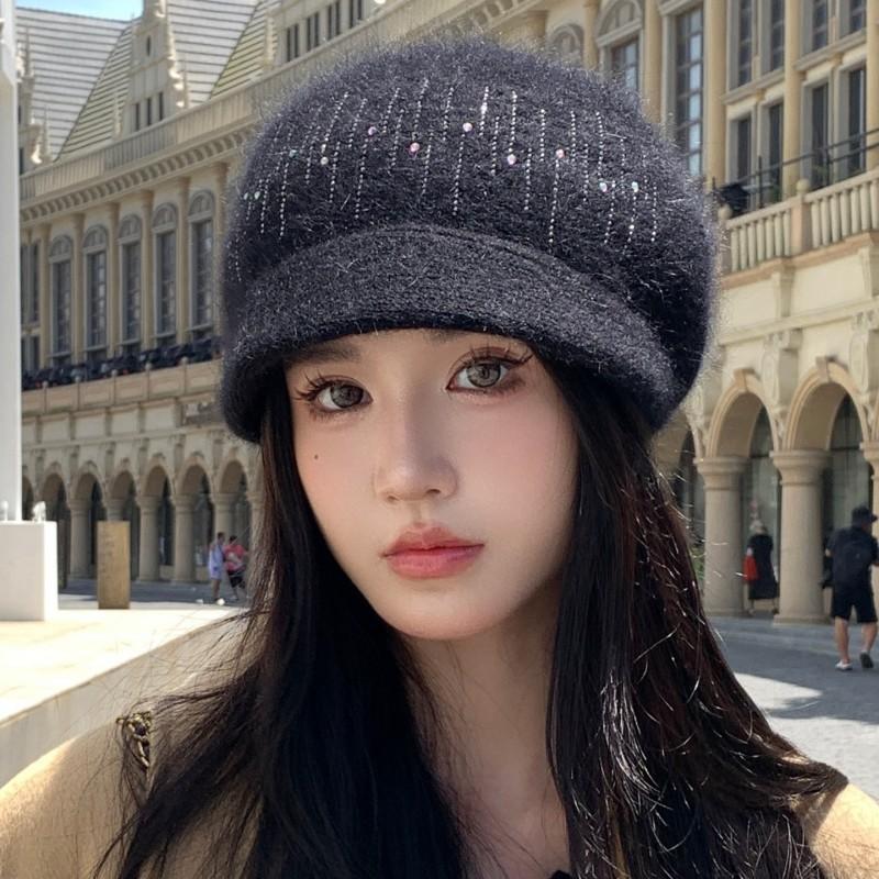 Women Winter Hat Streetwear Rabbit Fur Blend Warm Cap Fashion Decorate Beanie Hat for Female Casual Knitted Hat