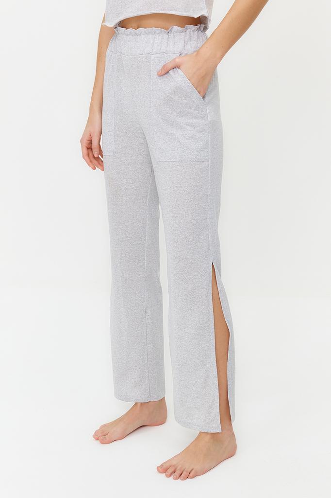 Женский модный новый пижамный комплект, серый меланжевый хлопковый вязаный пижамный комплект с карманом, прорезями и веревочным ремешком