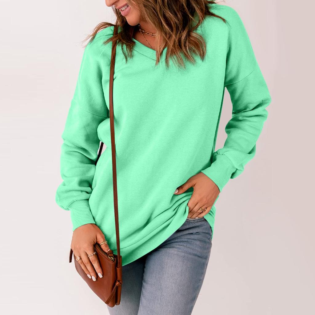 Женская повседневная толстовка с v-образным вырезом, свободные мягкие пуловеры с длинными рукавами, однотонные рубашки с боковыми карманами