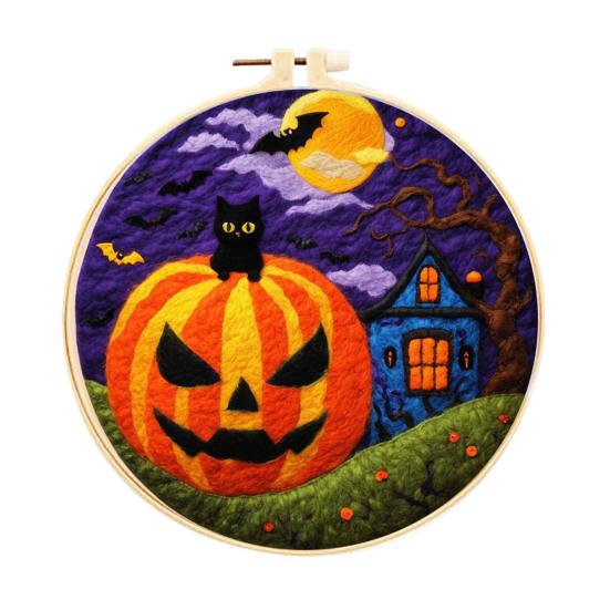Halloween Needle Felting Kit Beginner Felt Craft Set DIY Felt Painting with Faux Wool Needle Frame Stamped Fabric for Adults Handcraft Lovers